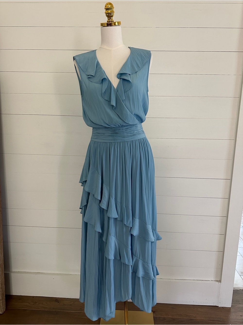 Ramy Brook Blue Ruffle V-Neck Dress